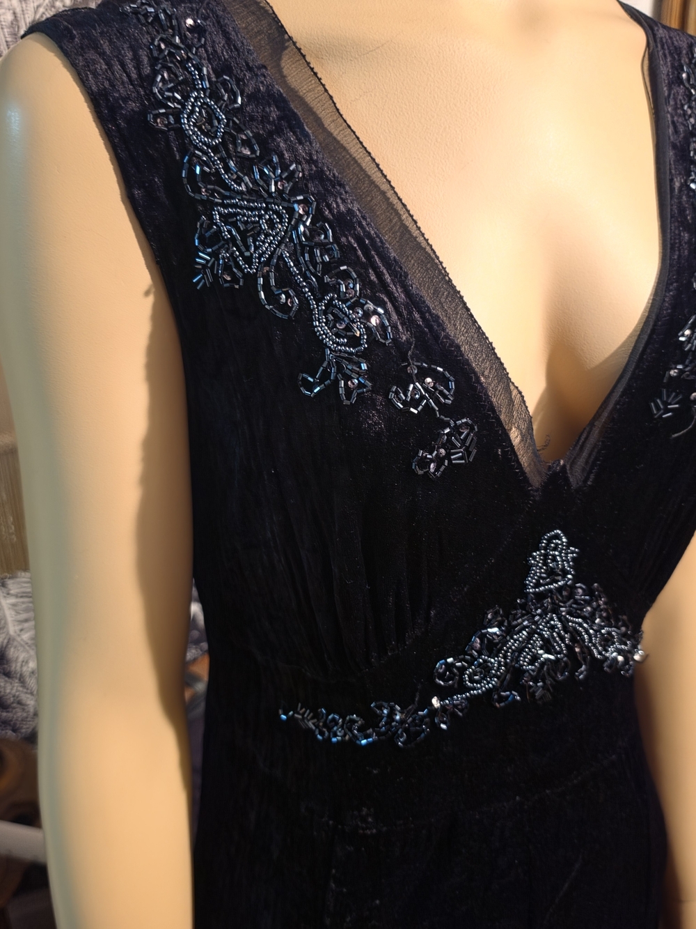 VTG Y2K Karen Kane Black Velvet Beaded Midi Dress M - Picture 2 of 8